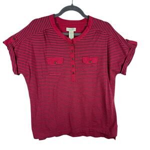 Caribbean Joe Pink Blue Striped 100% Cotton 1/4 Button Cuffed Sleeve Top Size XL